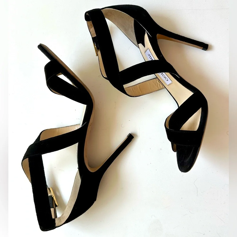 EUC Jimmy Choo Lottie Elegant Black Strappy Suede Heels, Black, 37, 7 - Picture 7 of 15